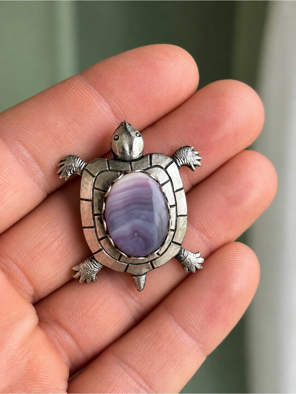Silver Tone Turtle Brooch Purple Banded Stone Cabochon Vintage Style Pin